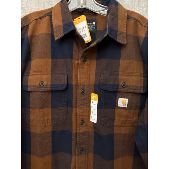 Carhartt Mens Flannel Long Sleeve Plaid Shirt Brown Loose Fit Medium M NWT $49 - Picture 3 of 7